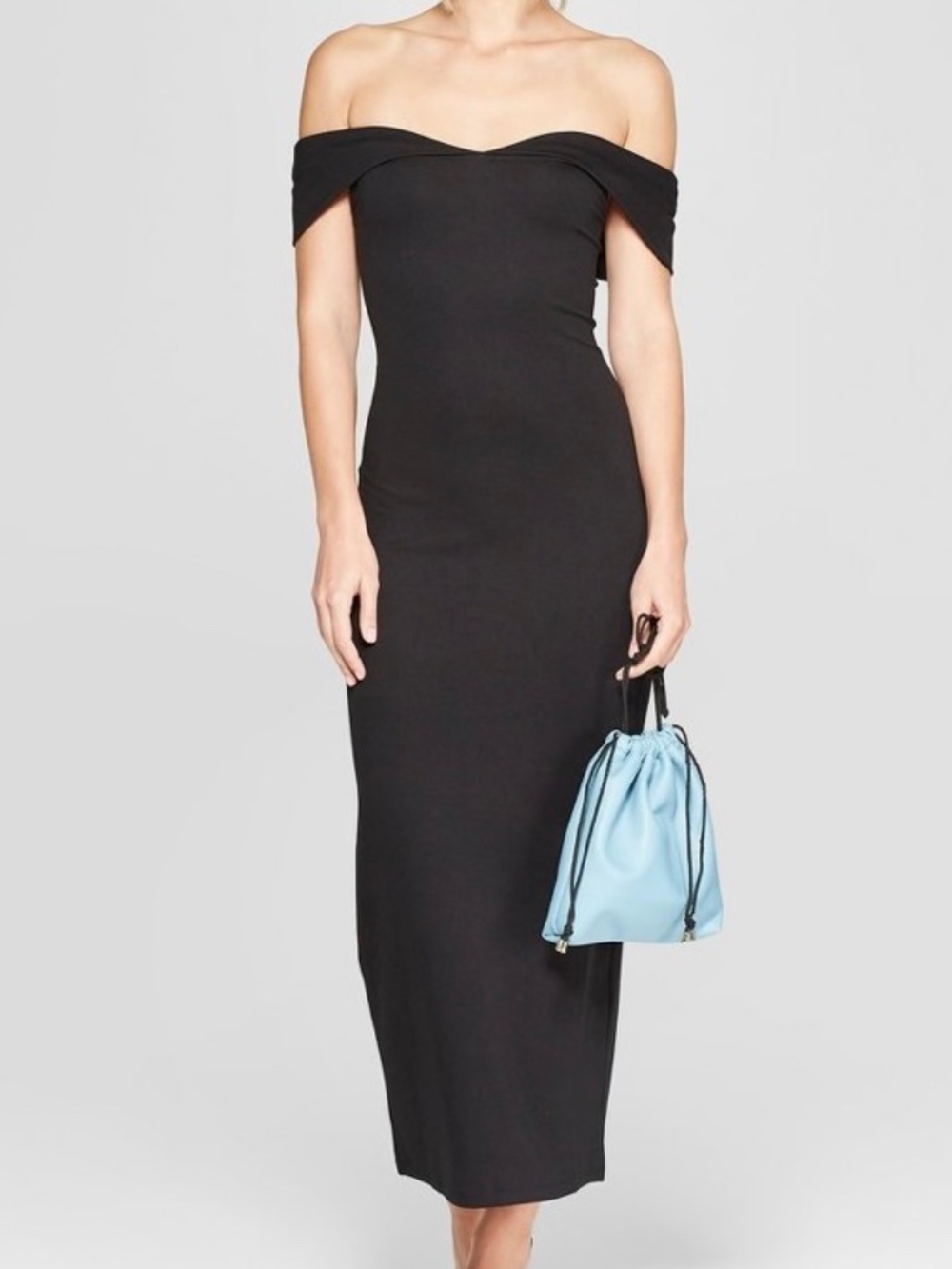 Off-Shoulder Black Midi Dress with Foldover Neckline